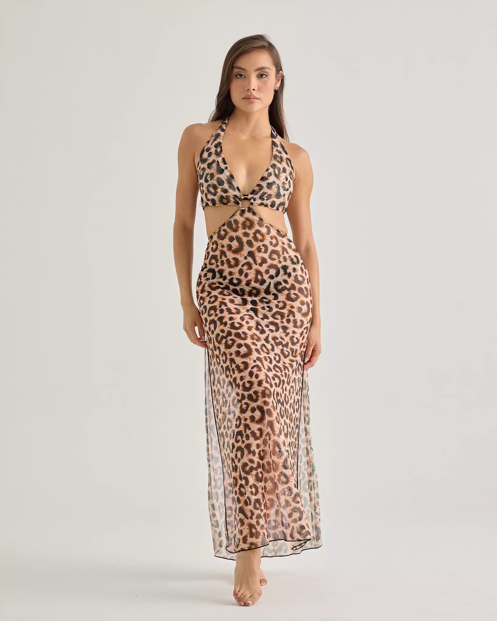 Leopard Halter Mesh Dress with Front Cutout