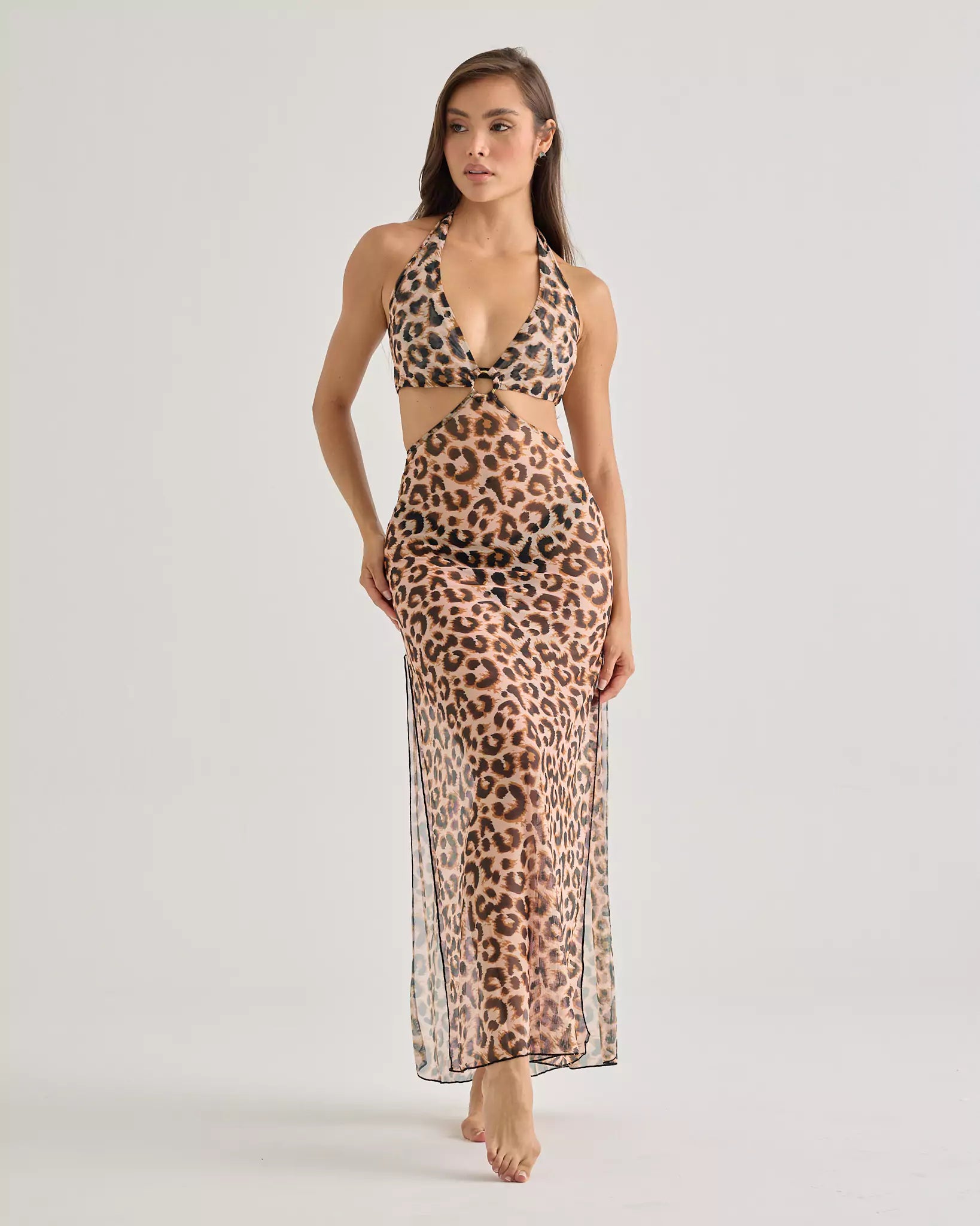 Leopard Halter Mesh Dress with Front Cutout