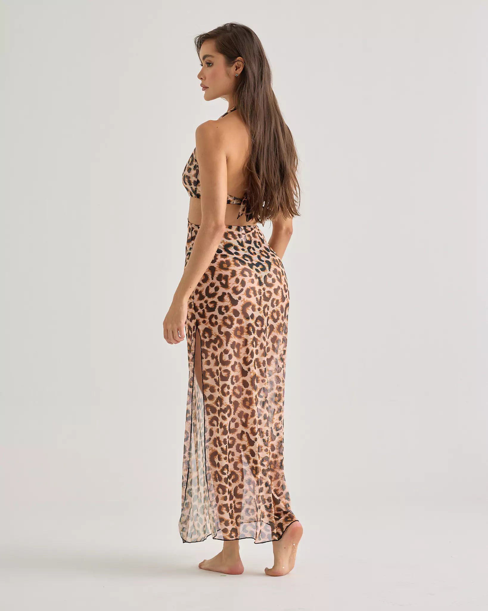 Leopard Halter Mesh Dress with Front Cutout