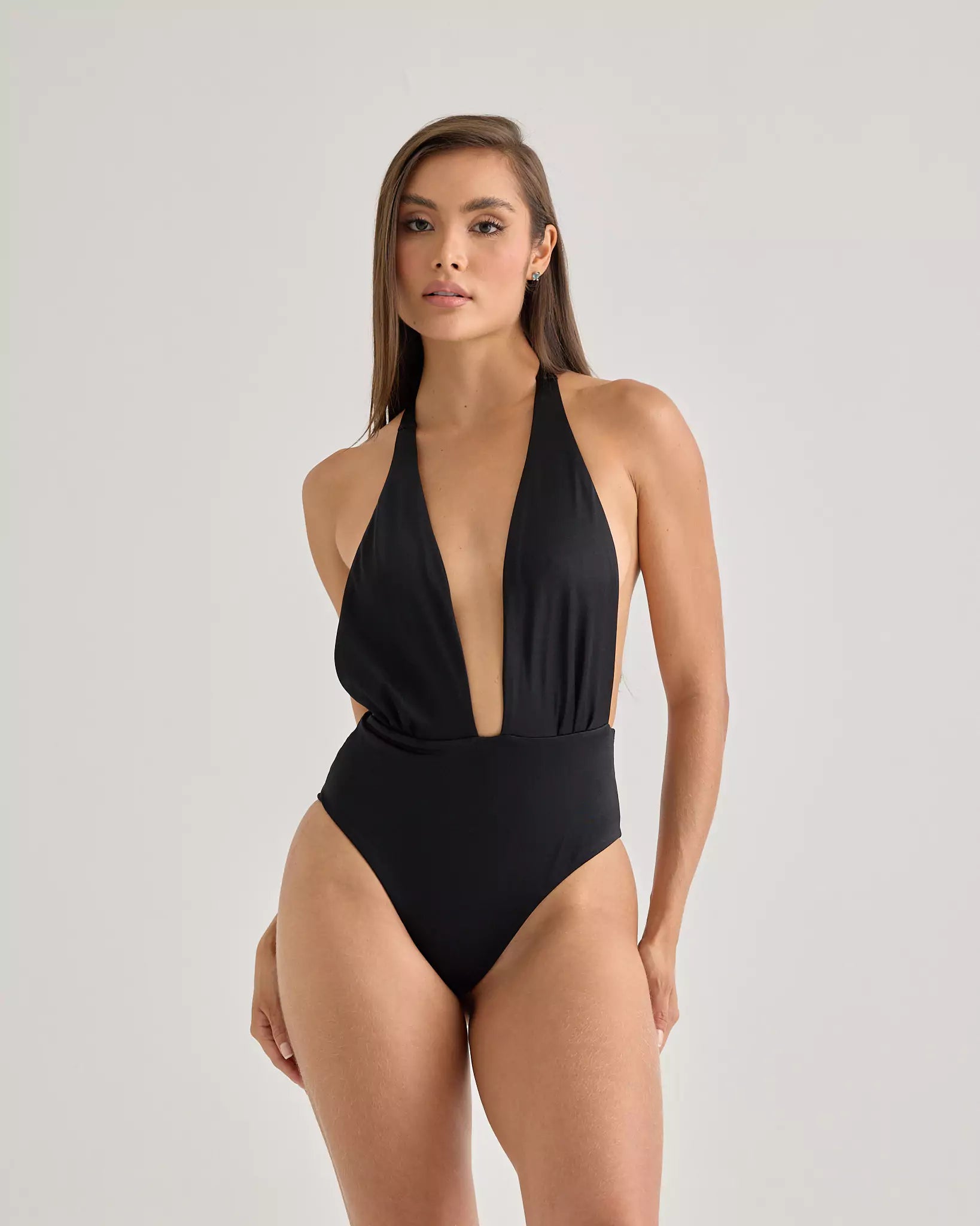 Black Halter Plunge One-Piece Swimsuit