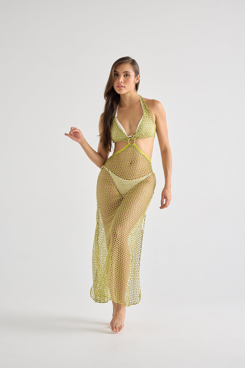 Green Halter Mesh Dress with Front Cutout