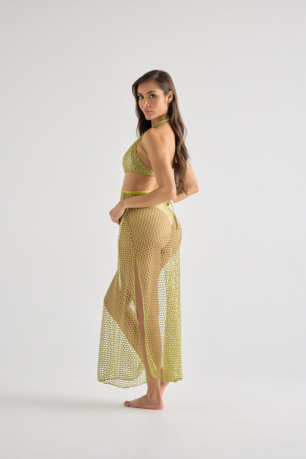 Green Halter Mesh Dress with Front Cutout