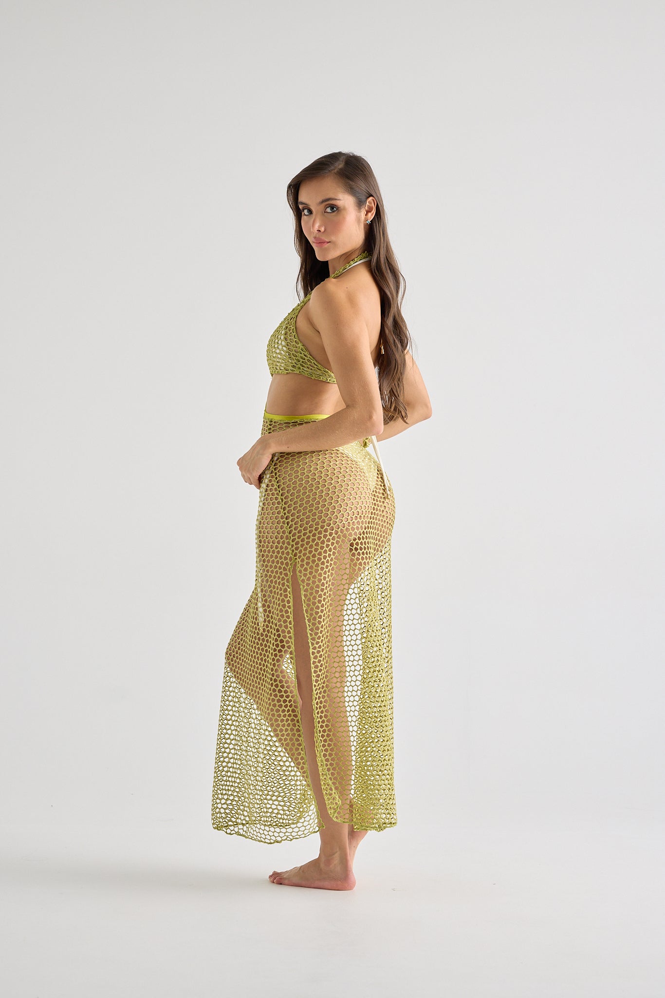 Green Halter Mesh Dress with Front Cutout