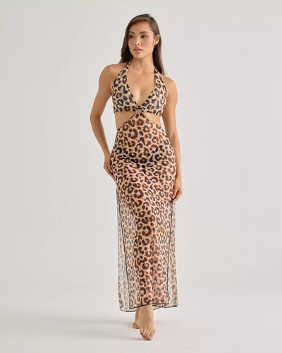 Leopard Halter Mesh Dress with Front Cutout