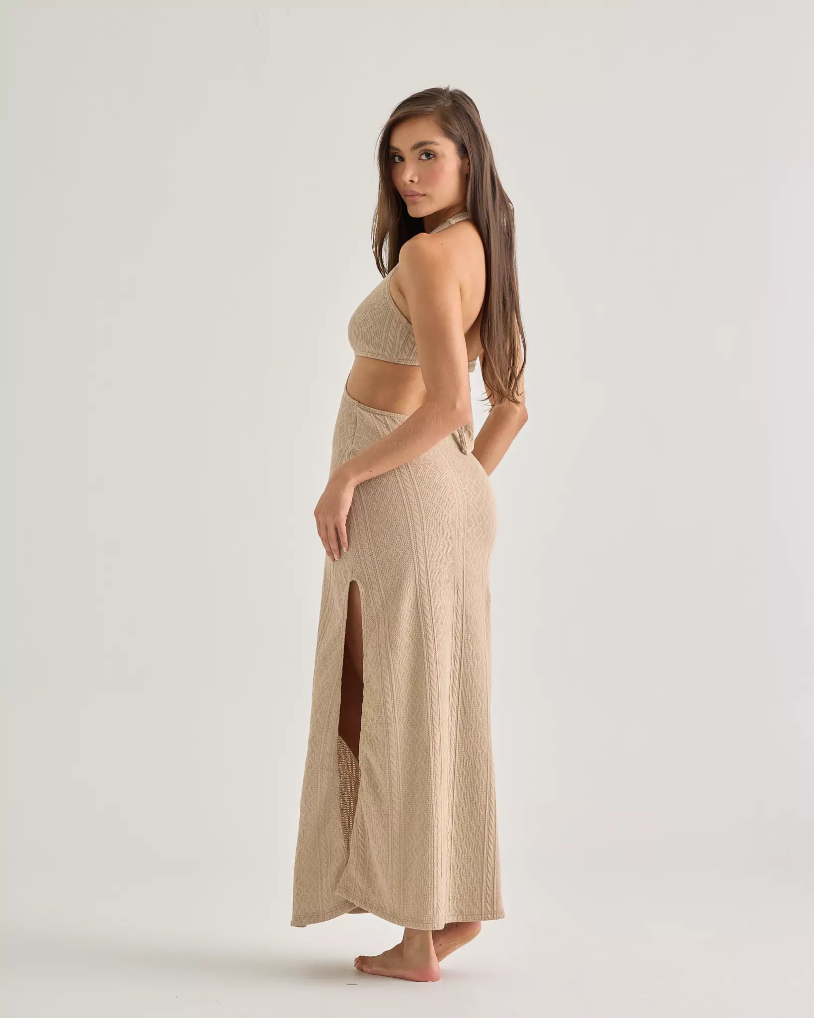 Champagne Crochet Halter Long Dress M Champagne Crochet Halter Long Dress M
