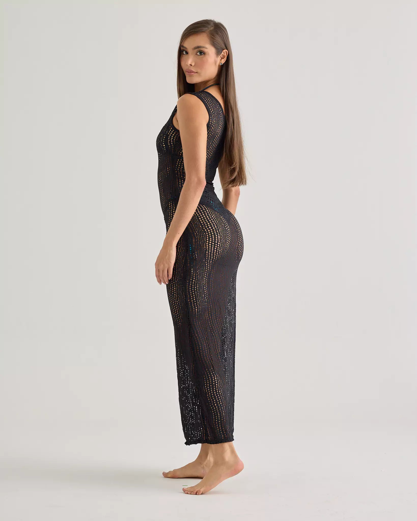 Crochet Mesh Black Long Dress
