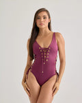 Burgundy Lace-Up One Piece Swimsuit