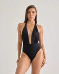 Black Halter Plunge One-Piece Swimsuit