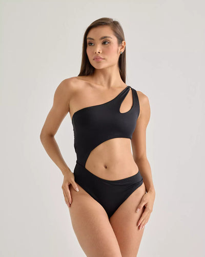 Black Asymmetric Cut-Out One-Piece Swimsuit